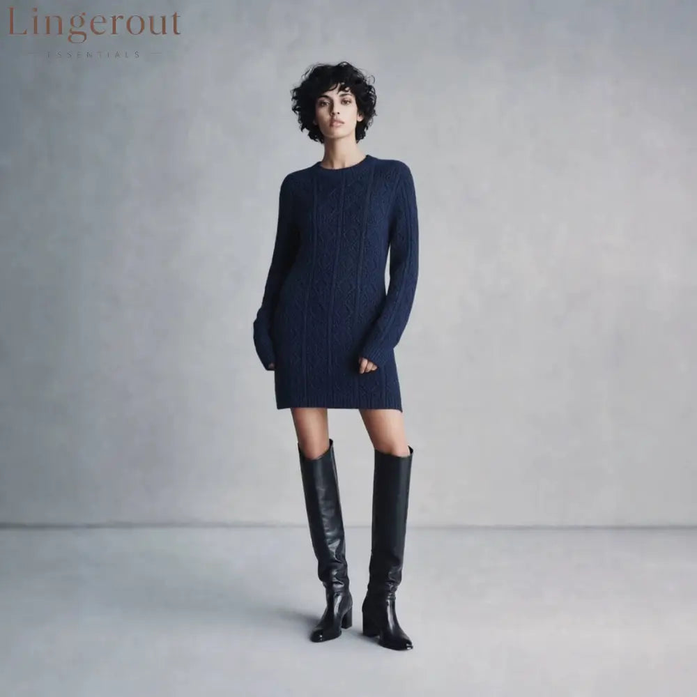 Cable Knit Crew Neck Long Sleeve Mini Sweater Dress
