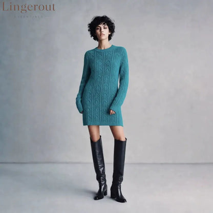 Cable Knit Crew Neck Long Sleeve Mini Sweater Dress