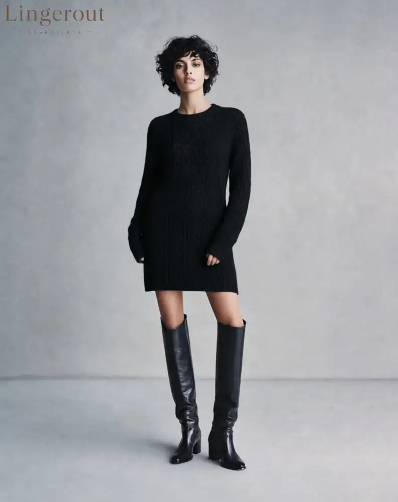 Cable Knit Crew Neck Long Sleeve Mini Sweater Dress - Black / S