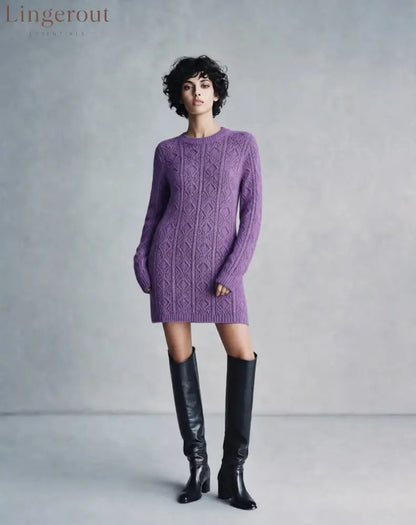 Cable Knit Crew Neck Long Sleeve Mini Sweater Dress - Dark violet / S