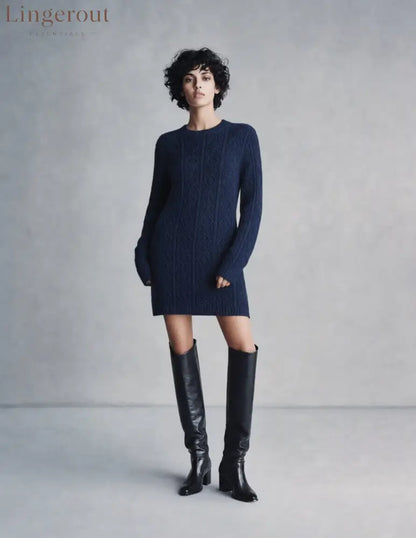 Cable Knit Crew Neck Long Sleeve Mini Sweater Dress - Navy / S