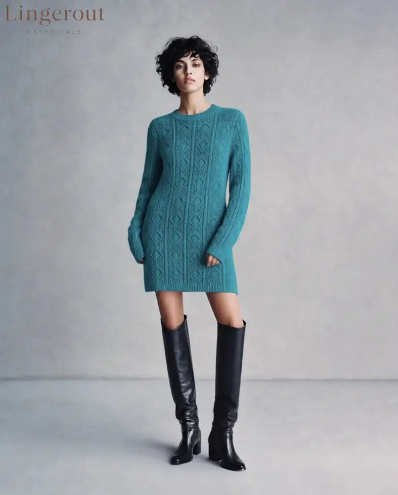 Cable Knit Crew Neck Long Sleeve Mini Sweater Dress - Peacock blue / S