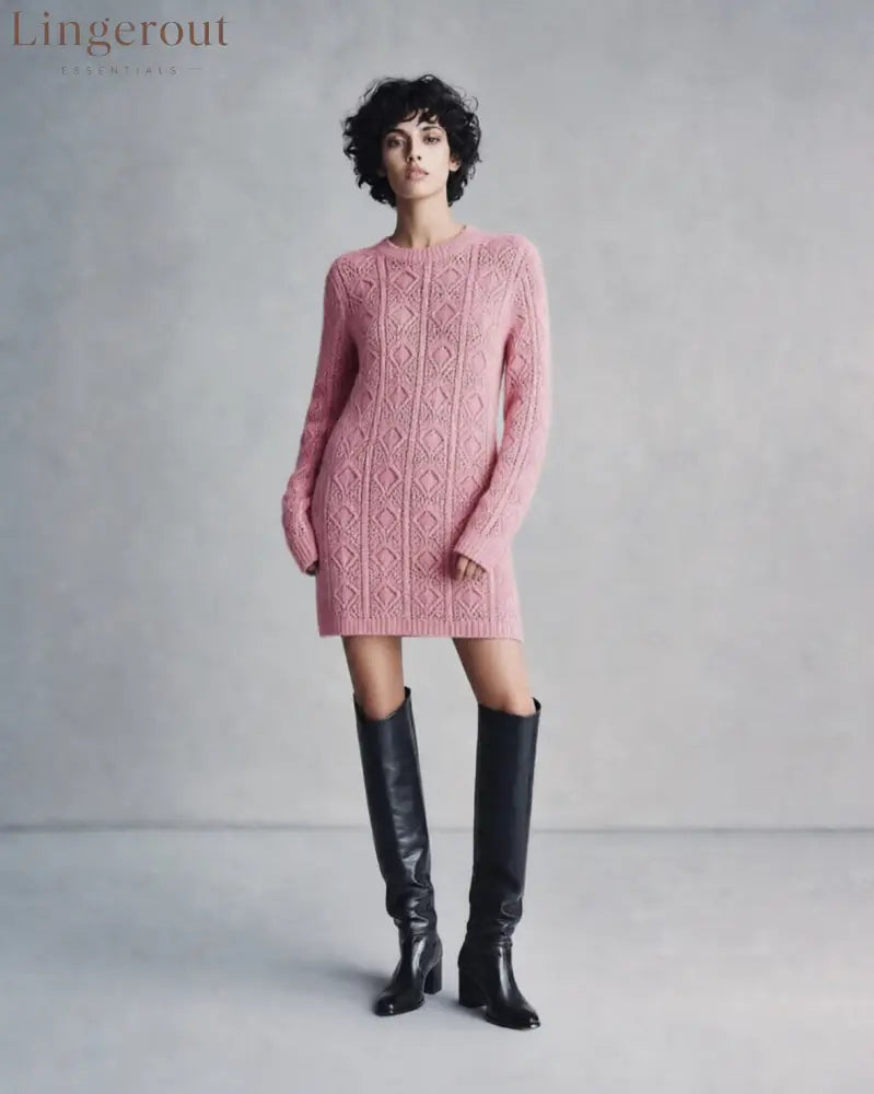Cable Knit Crew Neck Long Sleeve Mini Sweater Dress - Pink / S