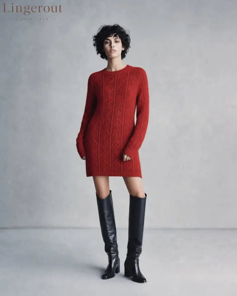 Cable Knit Crew Neck Long Sleeve Mini Sweater Dress - Red / S