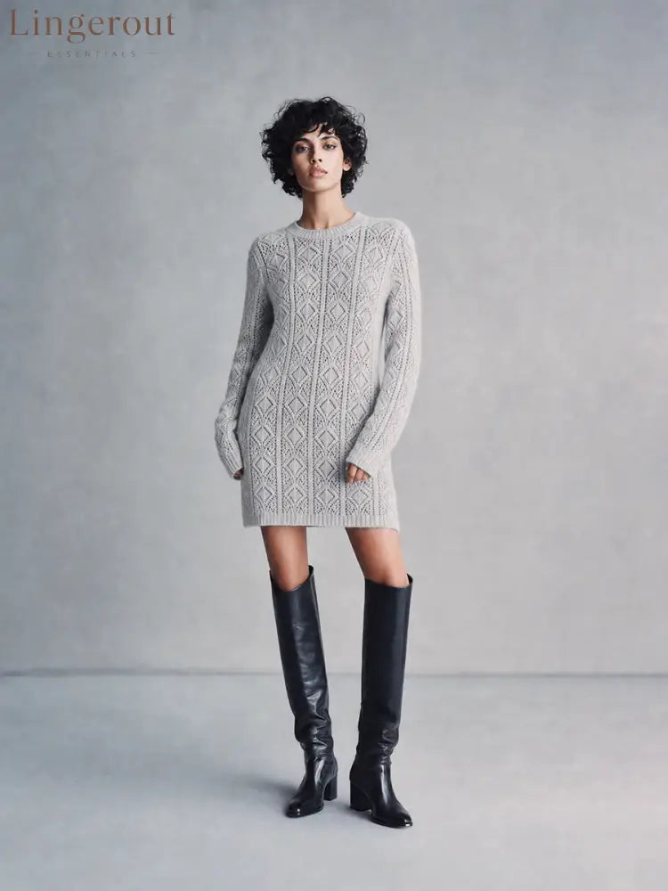 Cable Knit Crew Neck Long Sleeve Mini Sweater Dress - White / S