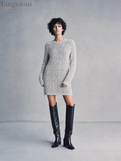 Cable Knit Crew Neck Long Sleeve Mini Sweater Dress - White / S