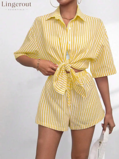Caitlin Striped Button Up Shirt and Shorts Set