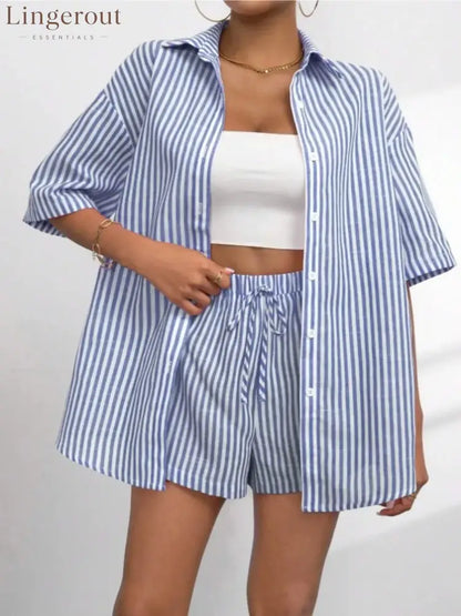 Caitlin Striped Button Up Shirt and Shorts Set