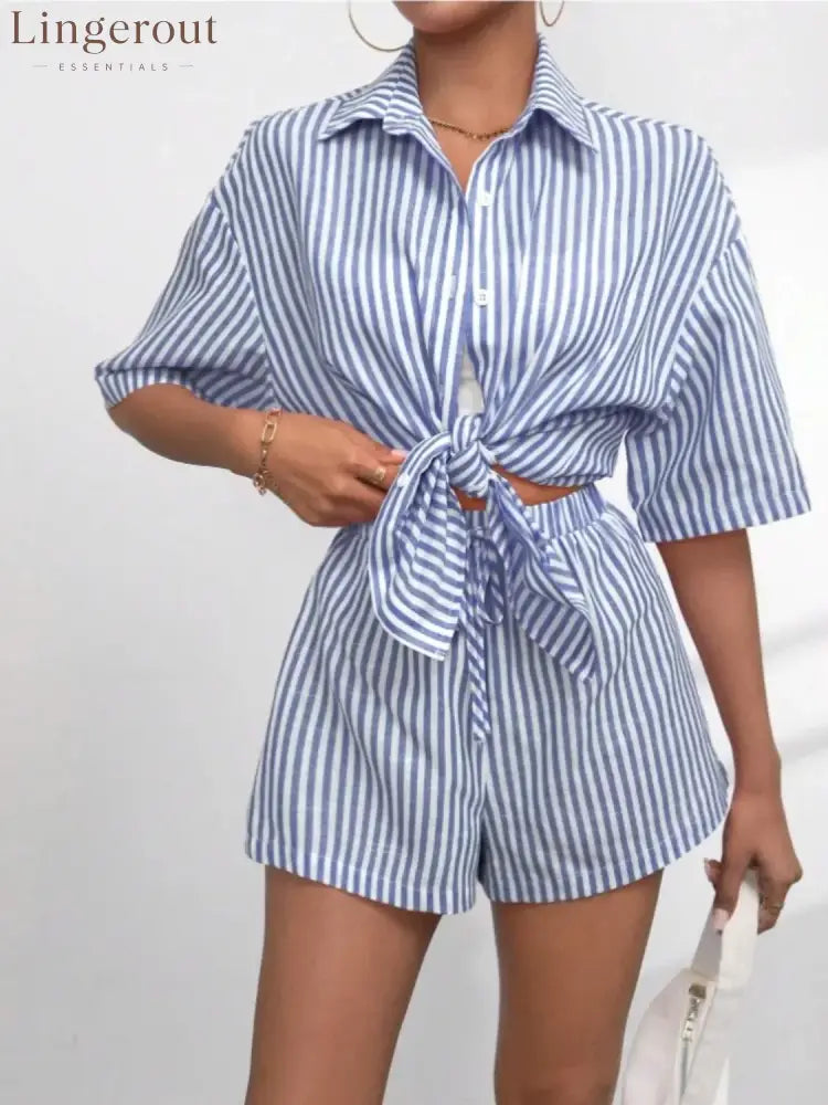 Caitlin Striped Button Up Shirt and Shorts Set - Light Blue / S