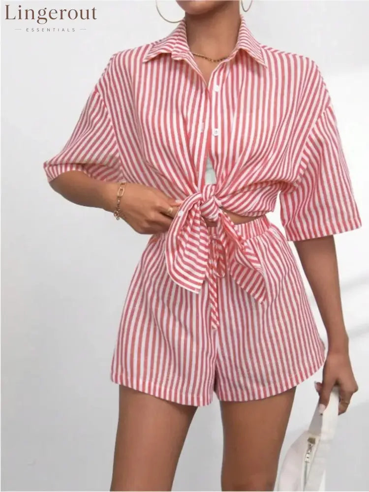 Caitlin Striped Button Up Shirt and Shorts Set - Scarlet / S