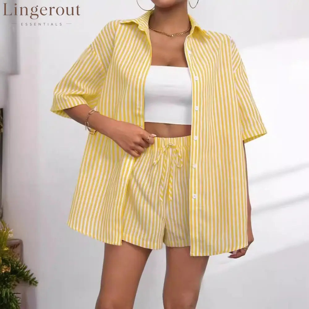 Caitlin Striped Button Up Shirt and Shorts Set - Yellow / S