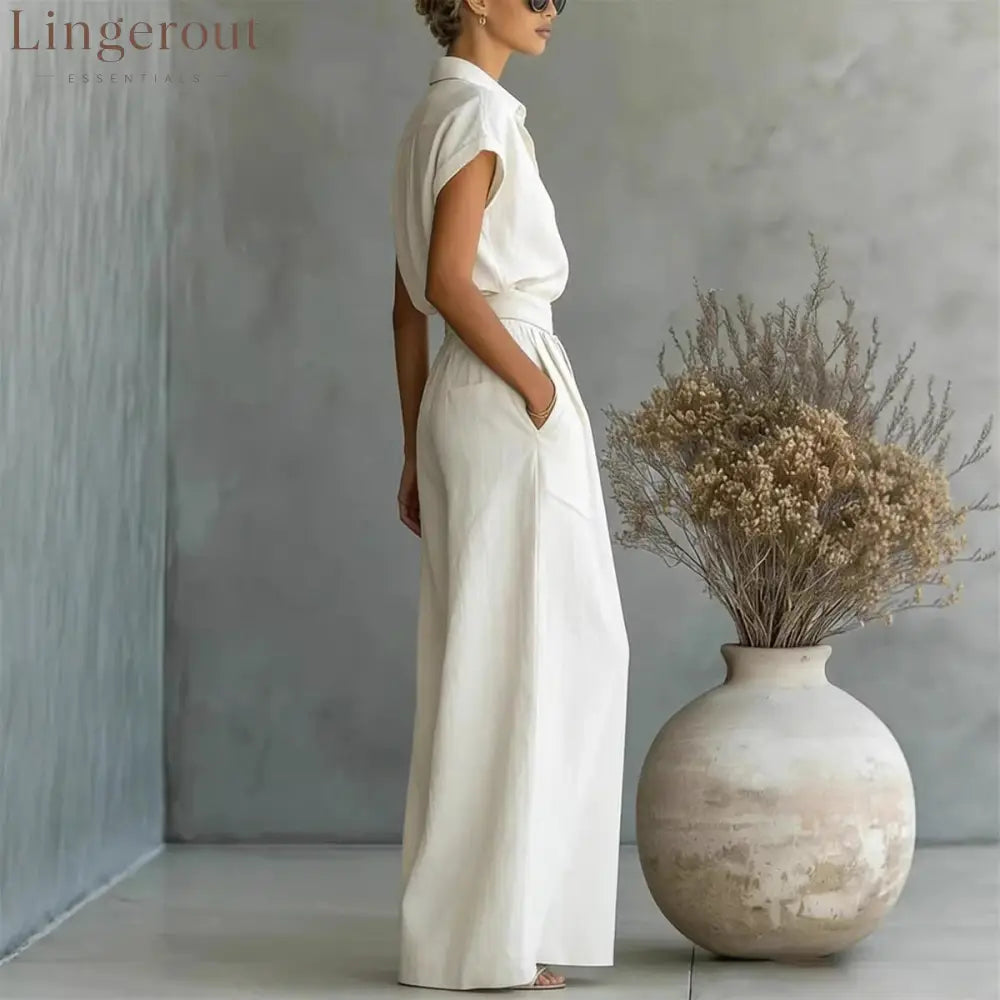 Cap Sleeve Collared Shirt & High Waist Wide Leg Pants Two Piece Set