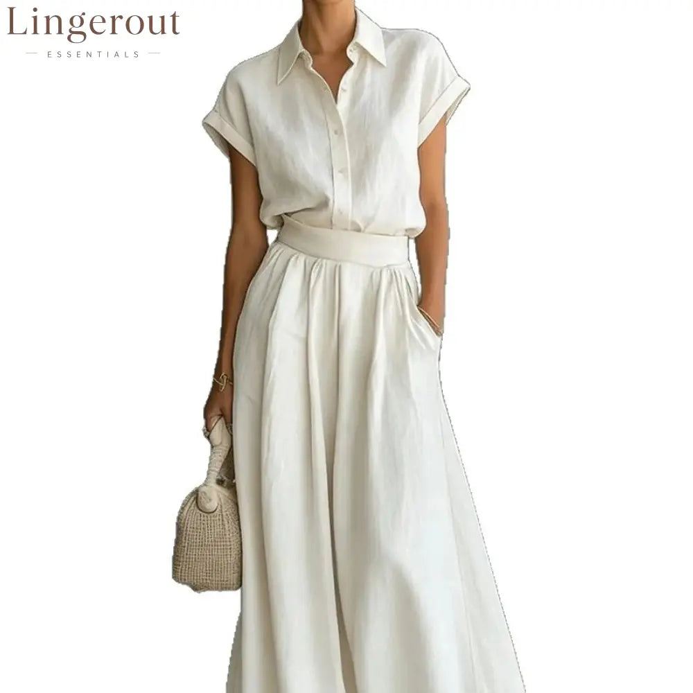 Cap Sleeve Collared Shirt & High Waist Wide Leg Pants Two Piece Set