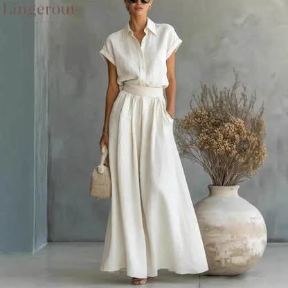 Cap Sleeve Collared Shirt & High Waist Wide Leg Pants Two Piece Set