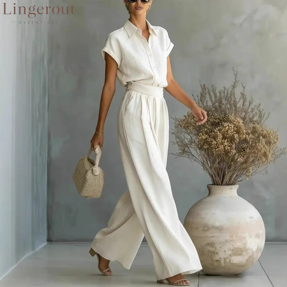 Cap Sleeve Collared Shirt & High Waist Wide Leg Pants Two Piece Set