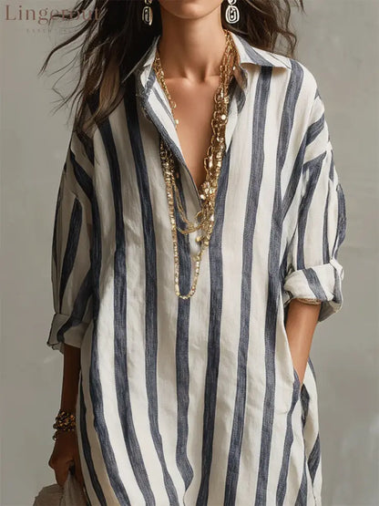 Casual And Cozy Striped Linen-cotton Dress