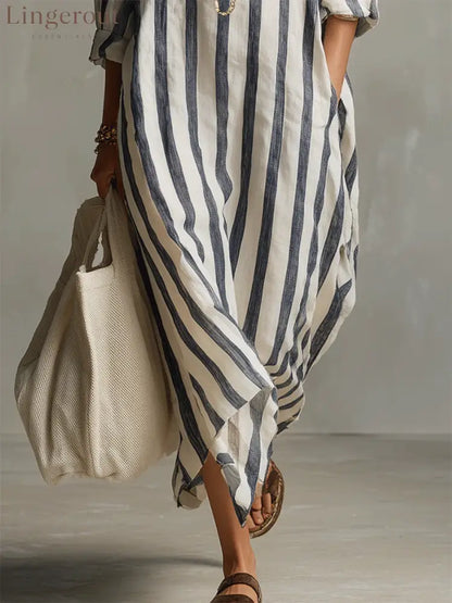 Casual And Cozy Striped Linen-cotton Dress