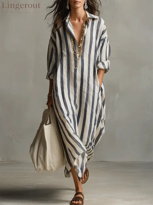 Casual And Cozy Striped Linen-cotton Dress - Black / S