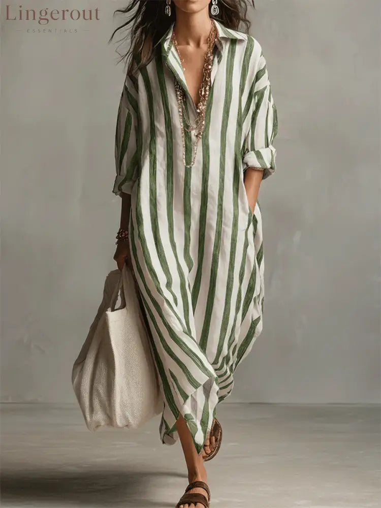Casual And Cozy Striped Linen-cotton Dress - Green / S