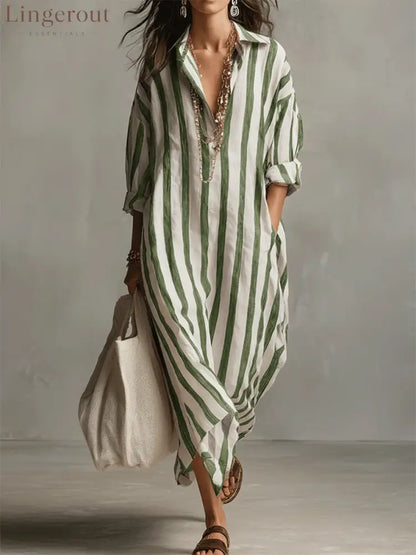 Casual And Cozy Striped Linen-cotton Dress - Green / S