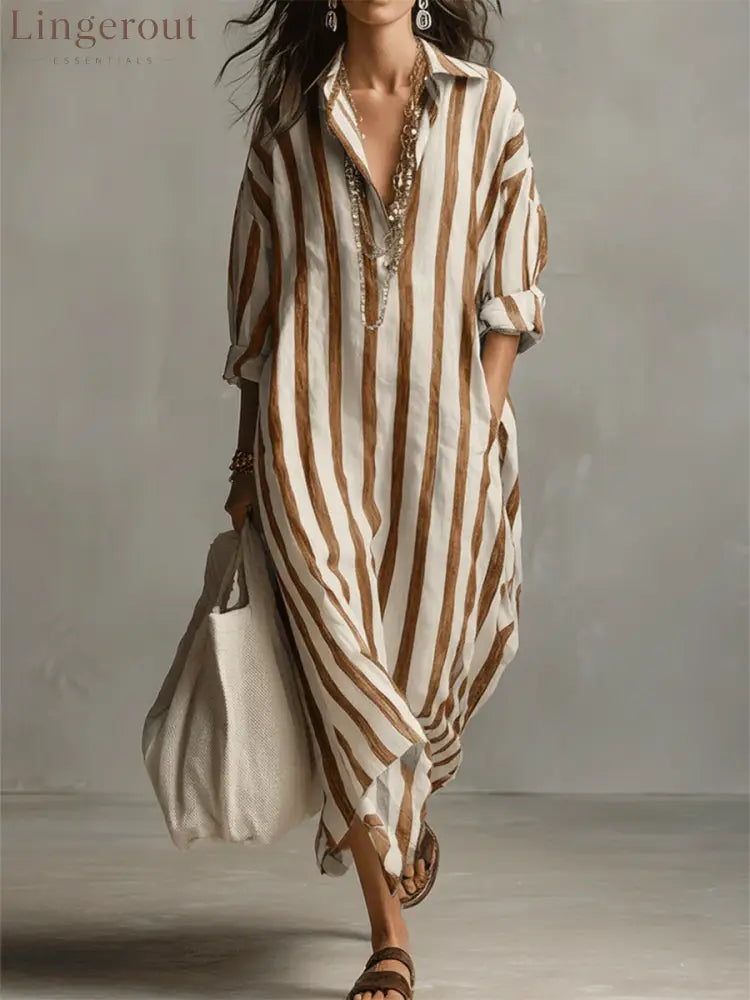 Casual And Cozy Striped Linen-cotton Dress - Khaki / S