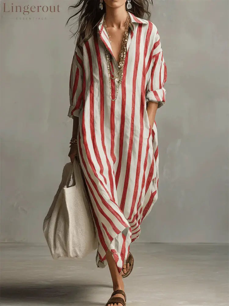 Casual And Cozy Striped Linen-cotton Dress - Red / S
