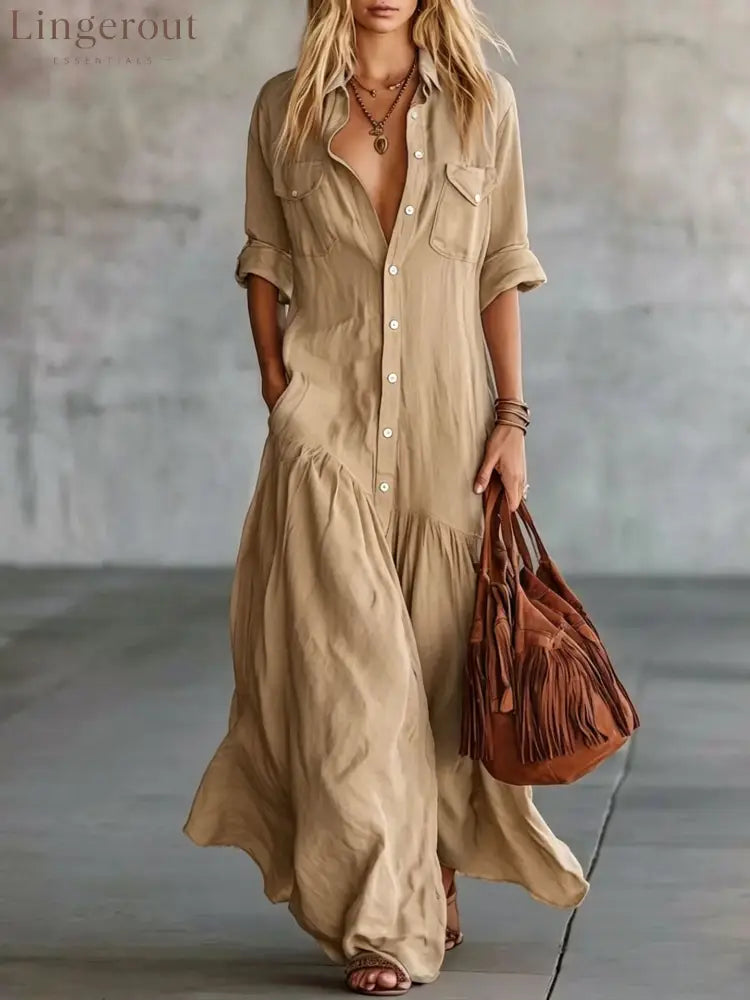 Casual Beach Vacation Chambray Dress - Khaki / S