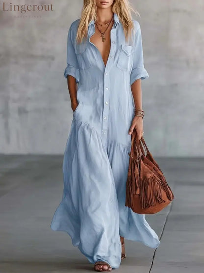 Casual Beach Vacation Chambray Dress - Sky blue / S