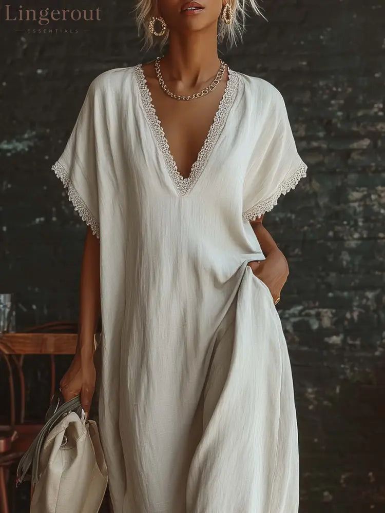 Casual Bohemian Urban V-neck Short-sleeved Lace Trim White Cotton Maxi Dress