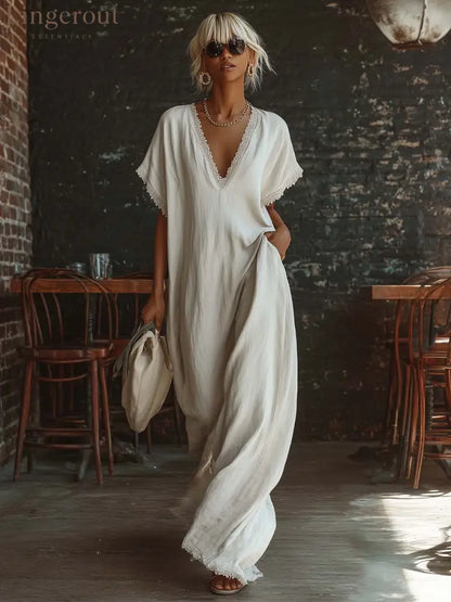 Casual Bohemian Urban V-neck Short-sleeved Lace Trim White Cotton Maxi Dress