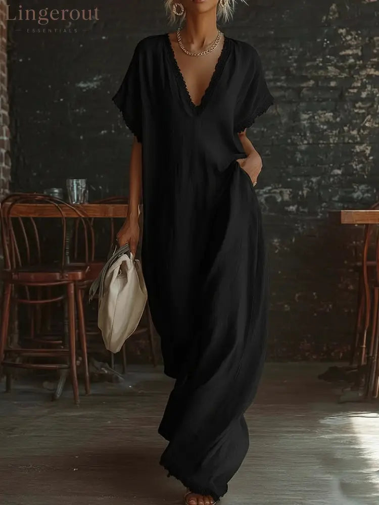 Casual Bohemian Urban V-neck Short-sleeved Lace Trim White Cotton Maxi Dress - Black / S