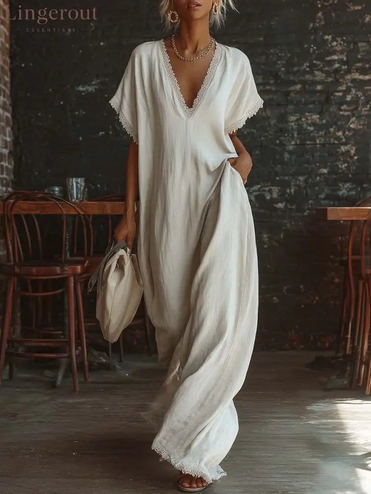 Casual Bohemian Urban V-neck Short-sleeved Lace Trim White Cotton Maxi Dress - White / S
