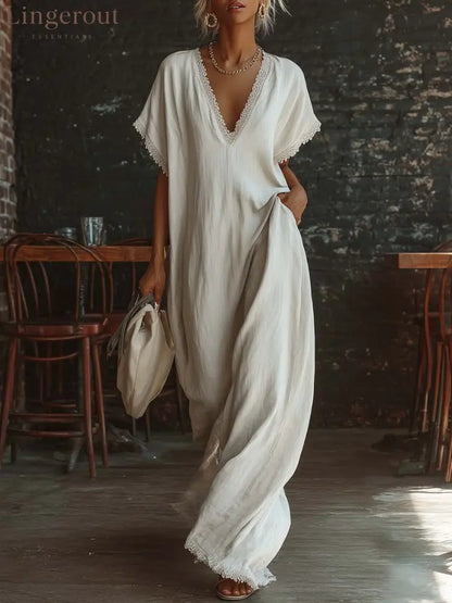 Casual Bohemian Urban V-neck Short-sleeved Lace Trim White Cotton Maxi Dress - White / S