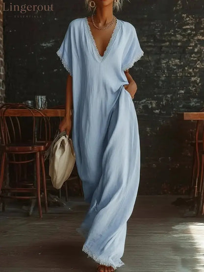 Casual Bohemian Urban V-neck Short-sleeved Lace Trim White Cotton Maxi Dress - Sky Blue / S