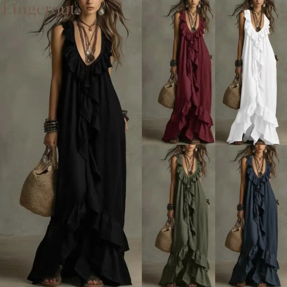 Casual Bohemian Urban V-Neck Short-Sleeved Ruffle Retro Dress