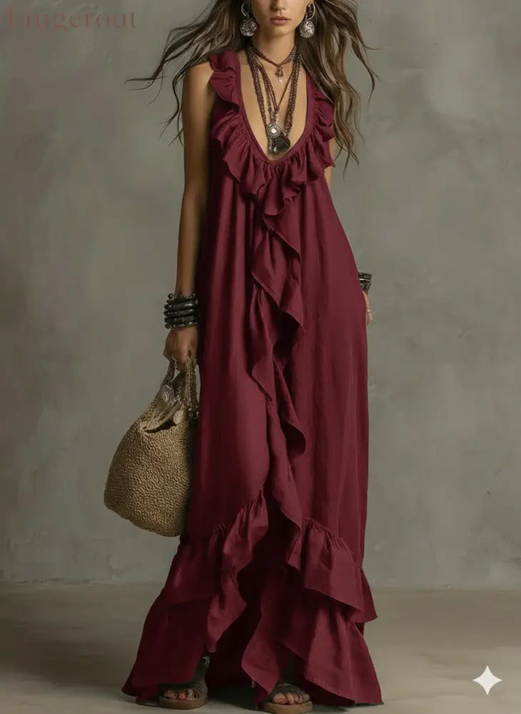 Casual Bohemian Urban V-Neck Short-Sleeved Ruffle Retro Dress