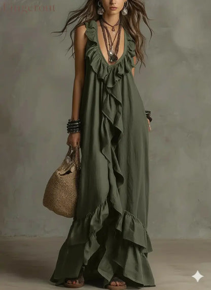 Casual Bohemian Urban V-Neck Short-Sleeved Ruffle Retro Dress - Army green / S