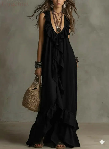 Casual Bohemian Urban V-Neck Short-Sleeved Ruffle Retro Dress - Black / S