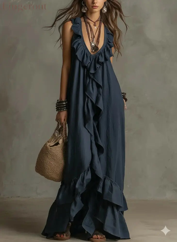 Casual Bohemian Urban V-Neck Short-Sleeved Ruffle Retro Dress - Navy blue / S