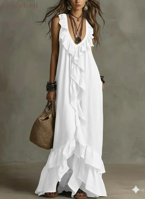 Casual Bohemian Urban V-Neck Short-Sleeved Ruffle Retro Dress - White / S