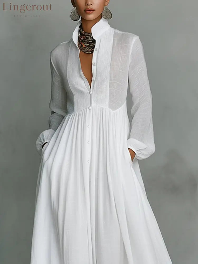 Casual Cotton Linen Maxi Dress High Waist Stand Collar Daily