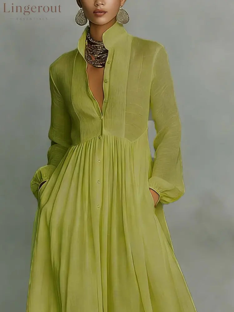 Casual Cotton Linen Maxi Dress High Waist Stand Collar Daily
