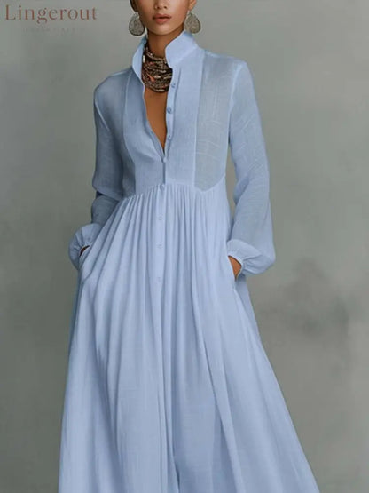 Casual Cotton Linen Maxi Dress High Waist Stand Collar Daily