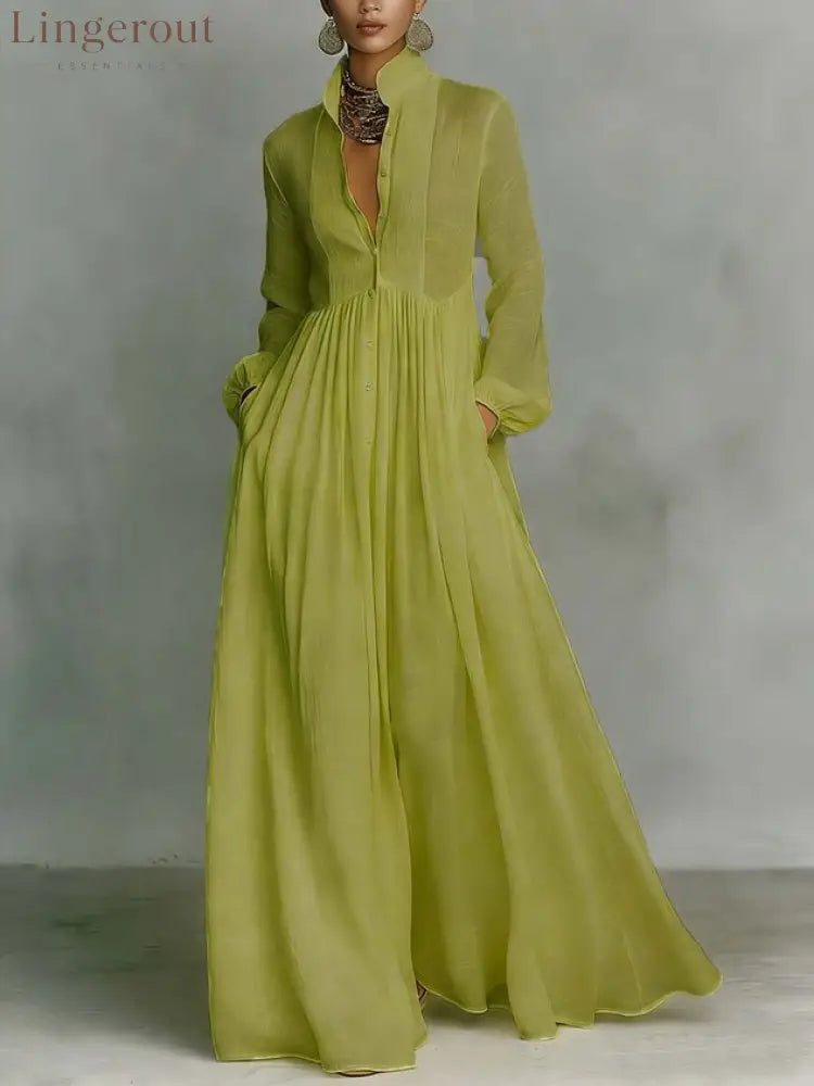 Casual Cotton Linen Maxi Dress High Waist Stand Collar Daily - Green / S