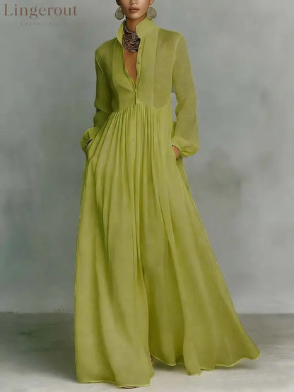 Casual Cotton Linen Maxi Dress High Waist Stand Collar Daily - Green / S
