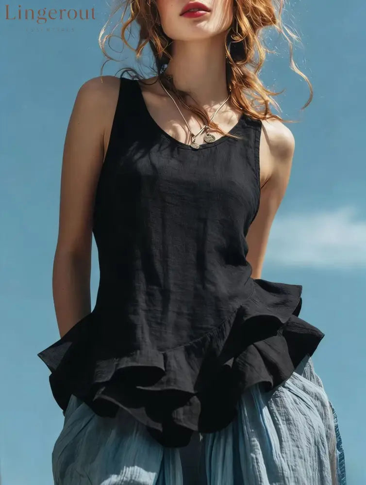 Casual Fashion Sleeveless Hem Ruffled Top - Black / S