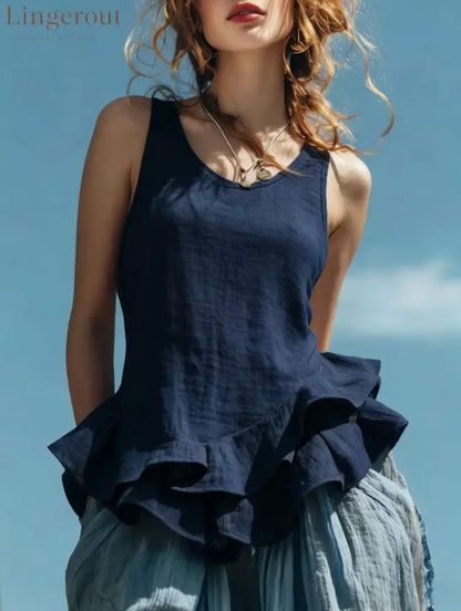 Casual Fashion Sleeveless Hem Ruffled Top - Navy blue / S