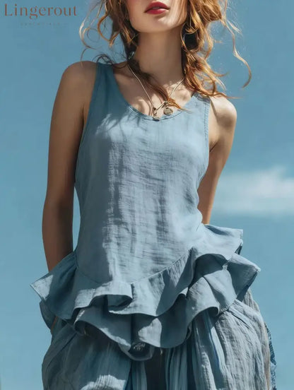 Casual Fashion Sleeveless Hem Ruffled Top - Sky blue / S