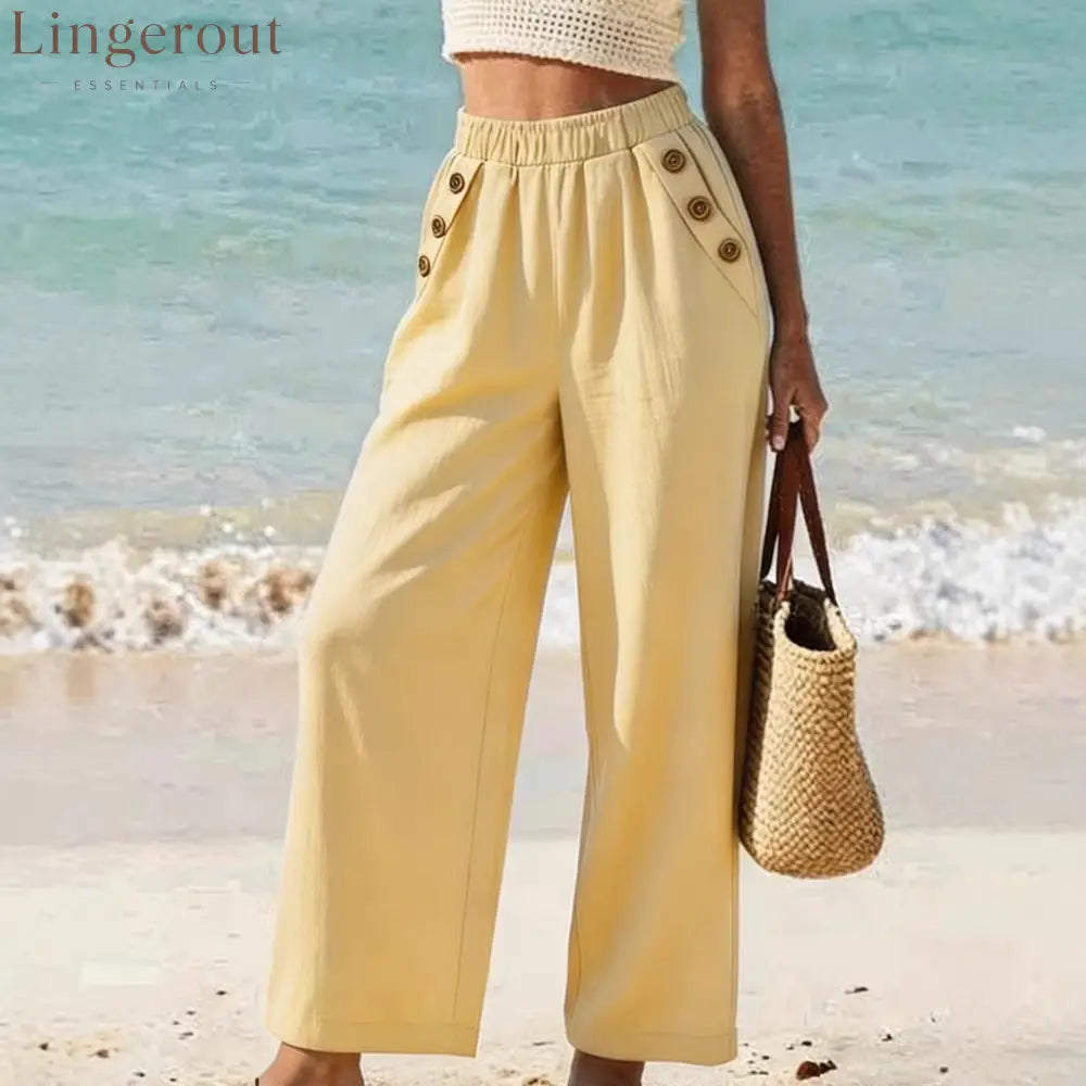 Casual High Waist Button Wide Leg Pants