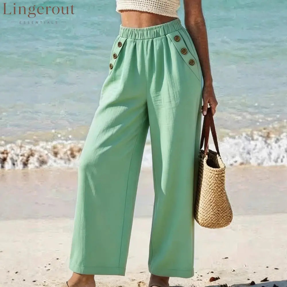 Casual High Waist Button Wide Leg Pants